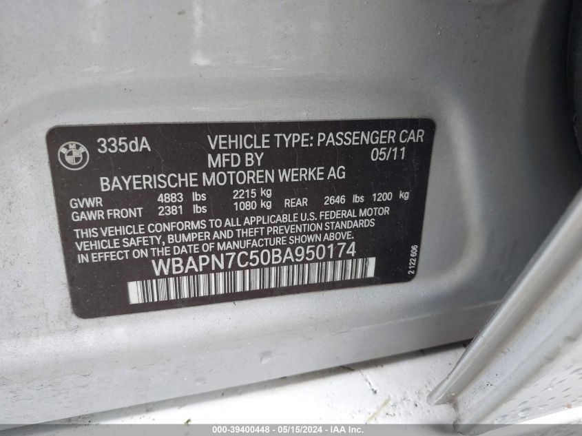 2011 BMW 335D VIN: WBAPN7C50BA950174 Lot: 39400448