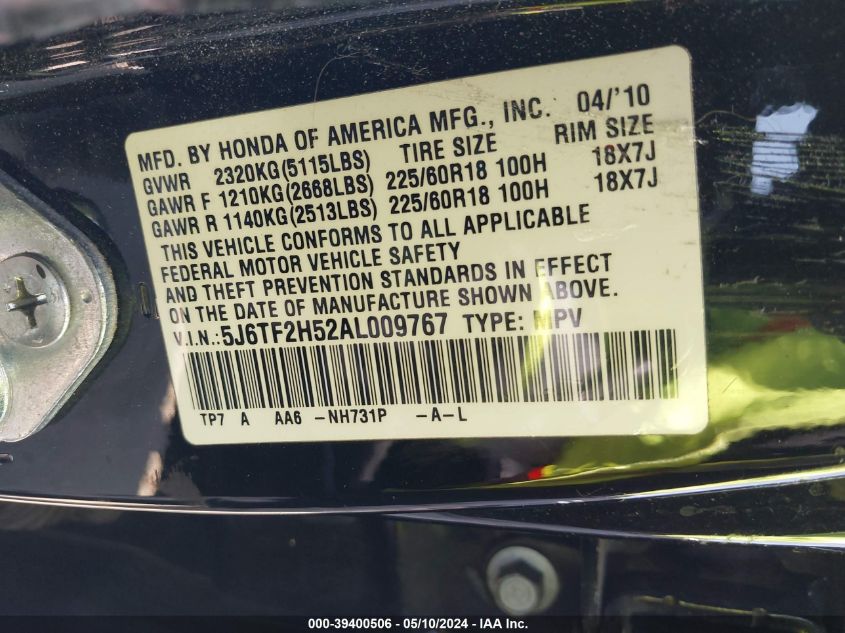 2010 Honda Accord Crosstour Ex-L VIN: 5J6TF2H52AL009767 Lot: 39400506