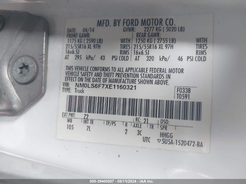 2014 Ford Transit Connect Xlt VIN: NM0LS6F7XE1160321 Lot: 39400507