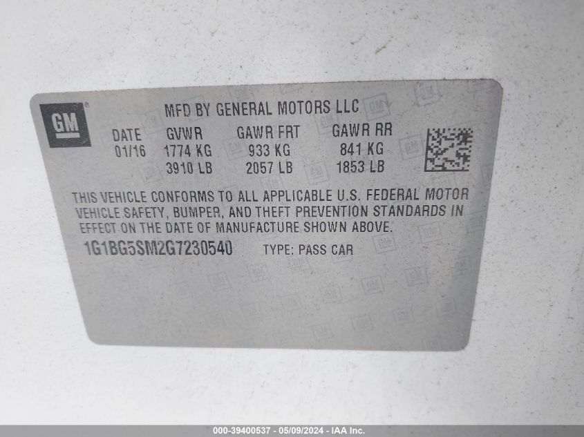 2016 Chevrolet Cruze Premier Auto VIN: 1G1BG5SM2G7230540 Lot: 39400537