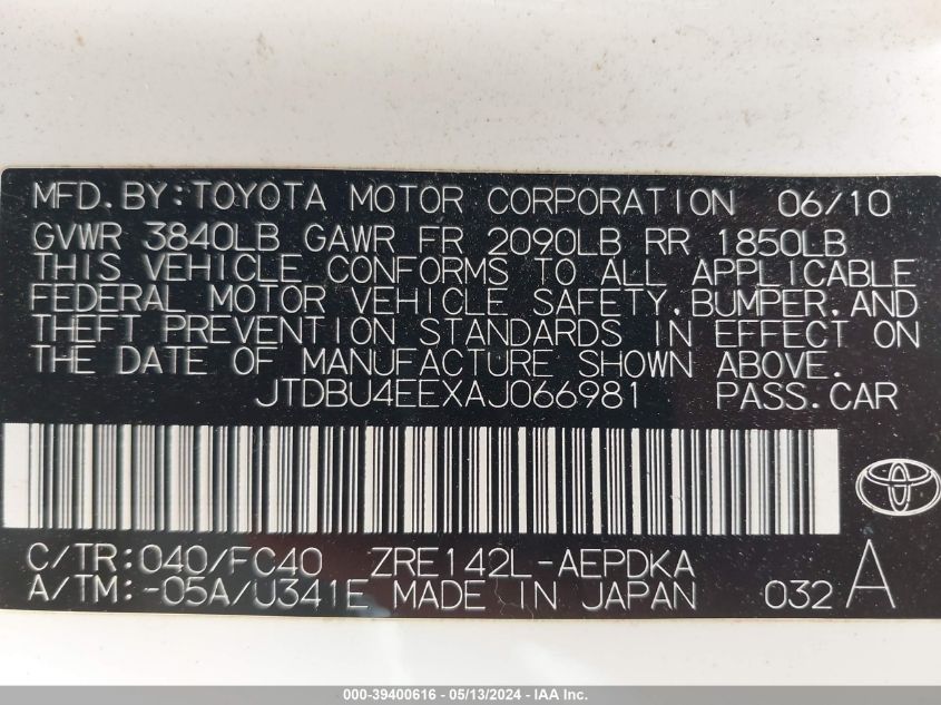 2010 Toyota Corolla Le VIN: JTDBU4EEXAJ066981 Lot: 39400616