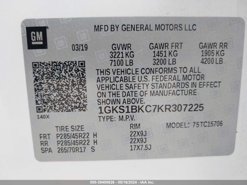2019 GMC Yukon Slt VIN: 1GKS1BKC7KR307225 Lot: 39400626
