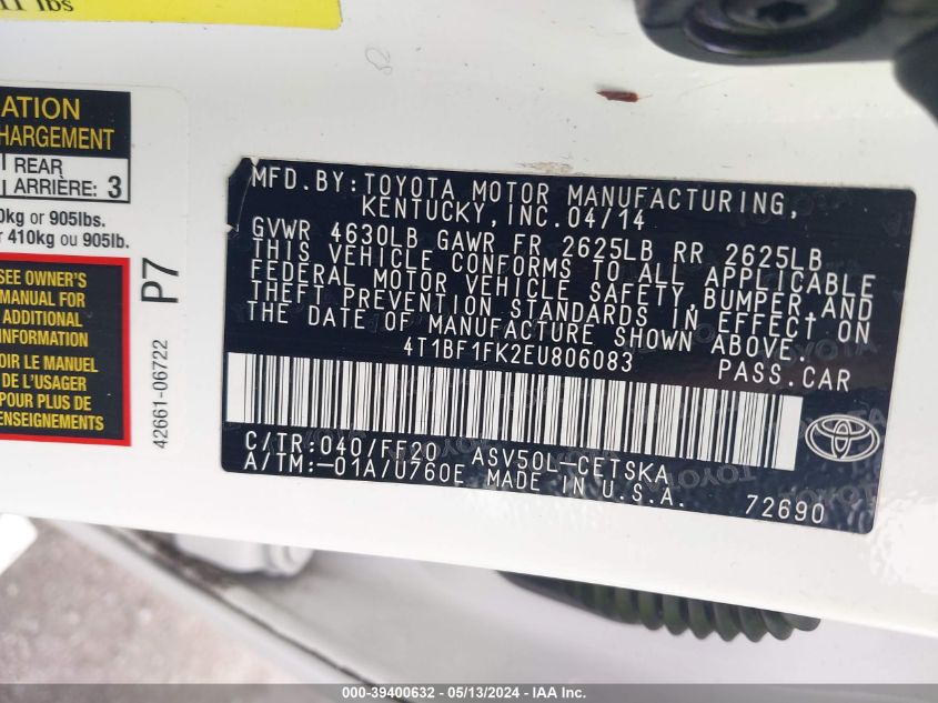 2014 Toyota Camry Se VIN: 4T1BF1FK2EU806083 Lot: 39400632