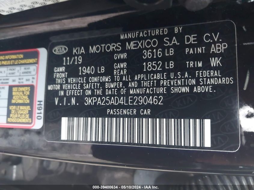 2020 Kia Rio 5-Door S VIN: 3KPA25AD4LE290462 Lot: 39400634