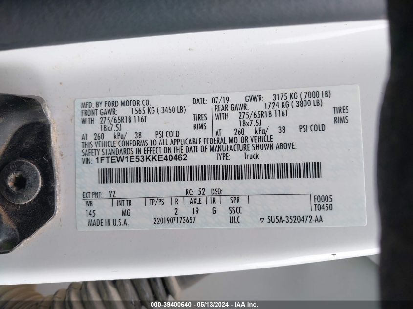 2019 Ford F-150 Xlt VIN: 1FTEW1E53KKE40462 Lot: 39400640