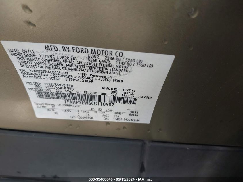 2012 Ford Taurus Sel VIN: 1FAHP2EW6CG110902 Lot: 39400646