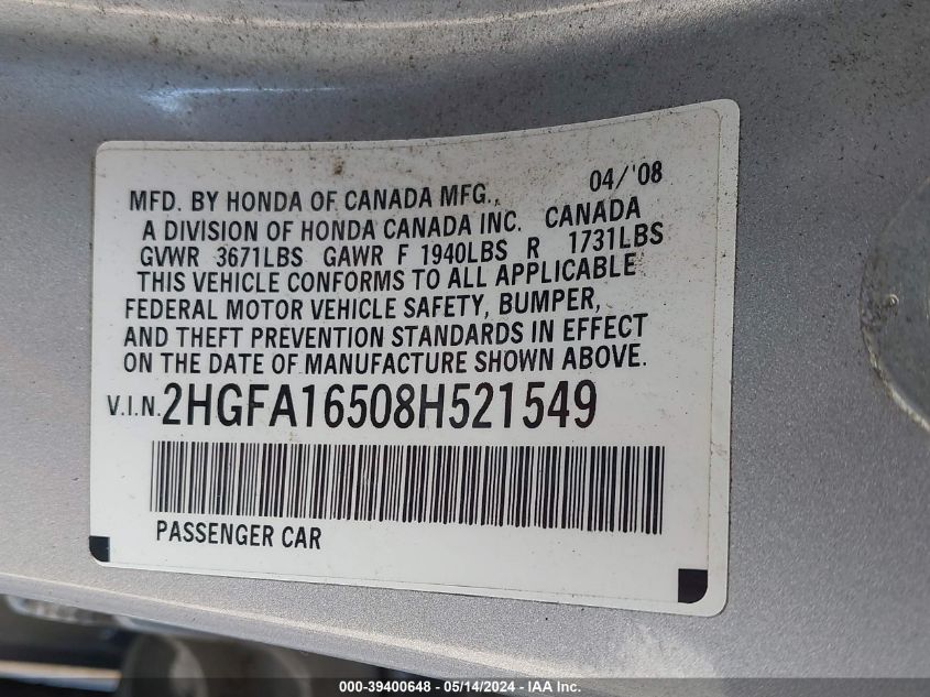 2008 Honda Civic Lx VIN: 2HGFA16508H521549 Lot: 39400648