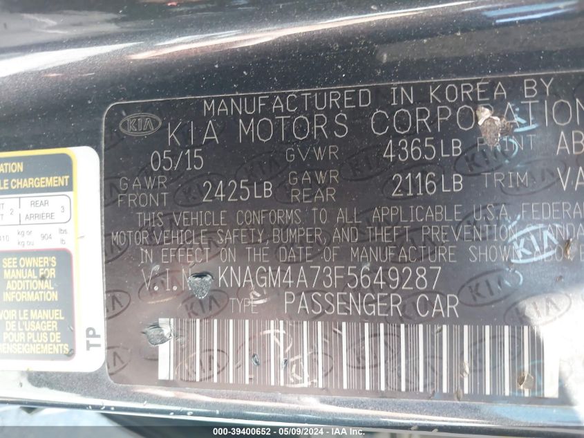 2015 Kia Optima Lx VIN: KNAGM4A73F5649287 Lot: 39400652