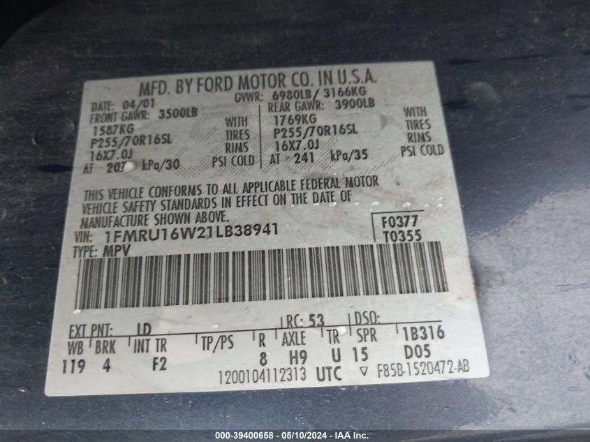 2001 Ford Expedition Xlt VIN: 1FMRU16W21LB38941 Lot: 39400658