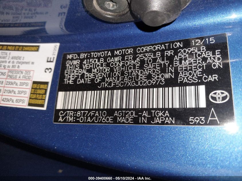 2016 Scion Tc VIN: JTKJF5C7XGJ020973 Lot: 39400660