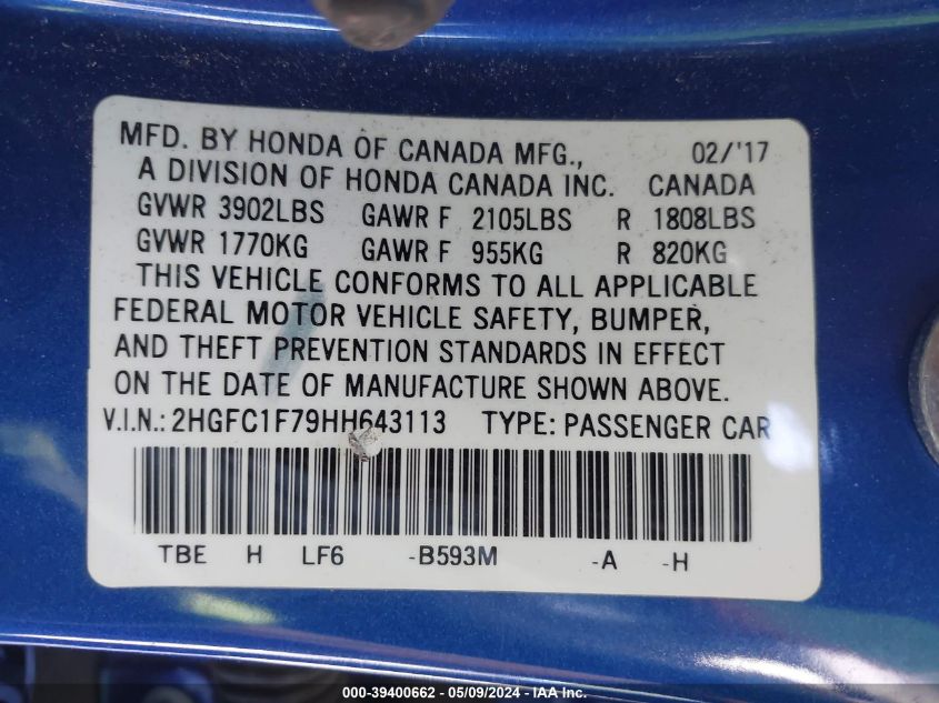 2017 HONDA CIVIC EX-L - 2HGFC1F79HH643113