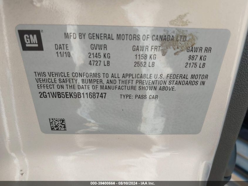 2011 Chevrolet Impala Lt VIN: 2G1WB5EK9B1168747 Lot: 39400664