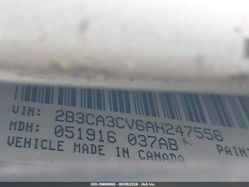 2010 Dodge Charger Sxt VIN: 2B3CA3CV6AH247556 Lot: 39400665