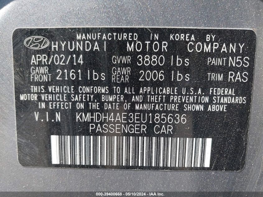 2014 Hyundai Elantra Limited VIN: KMHDH4AE3EU185636 Lot: 39400668