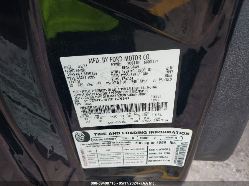 2011 Ford F-150 Xlt VIN: 1FTEW1CM1BFB76841 Lot: 39400715