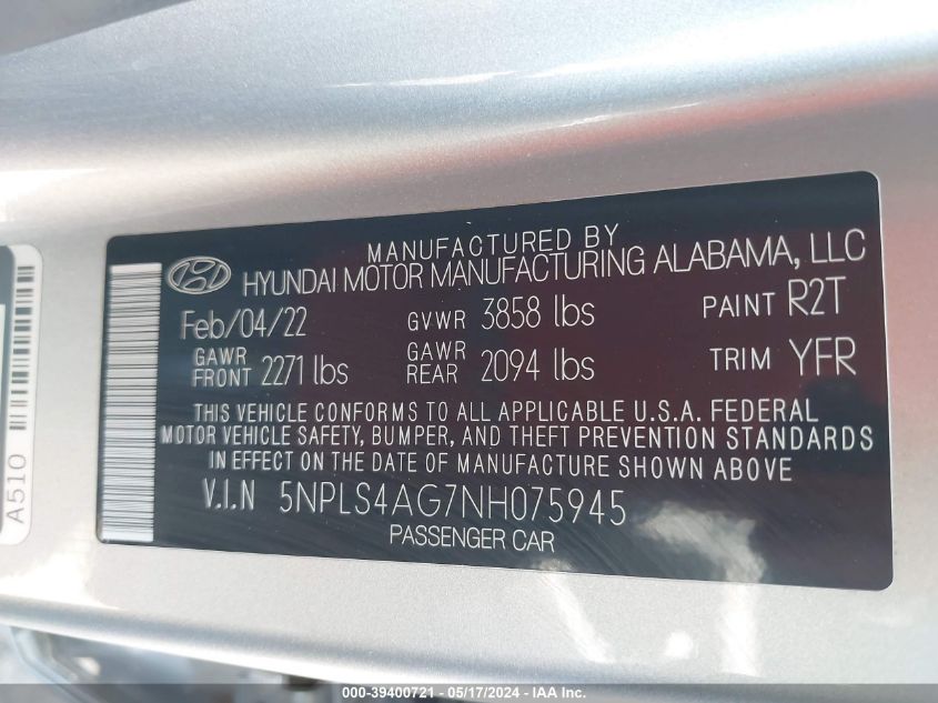 2022 Hyundai Elantra Sel VIN: 5NPLS4AG7NH075945 Lot: 39400721