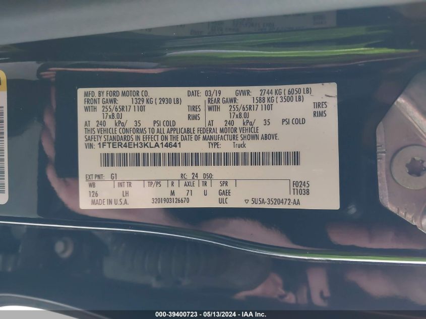 2019 Ford Ranger Xlt VIN: 1FTER4EH3KLA14641 Lot: 39400723