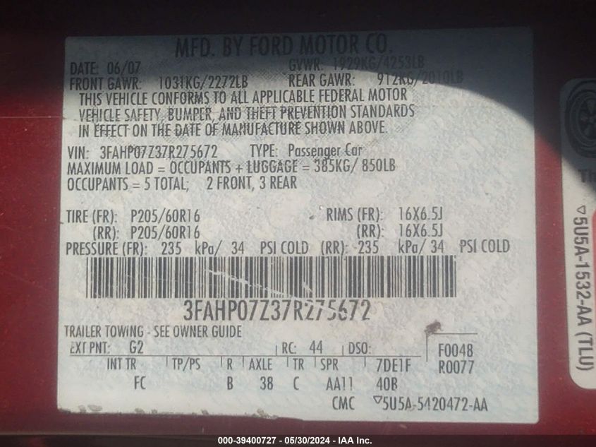 2007 Ford Fusion Se VIN: 3FAHP07Z37R275672 Lot: 39400727