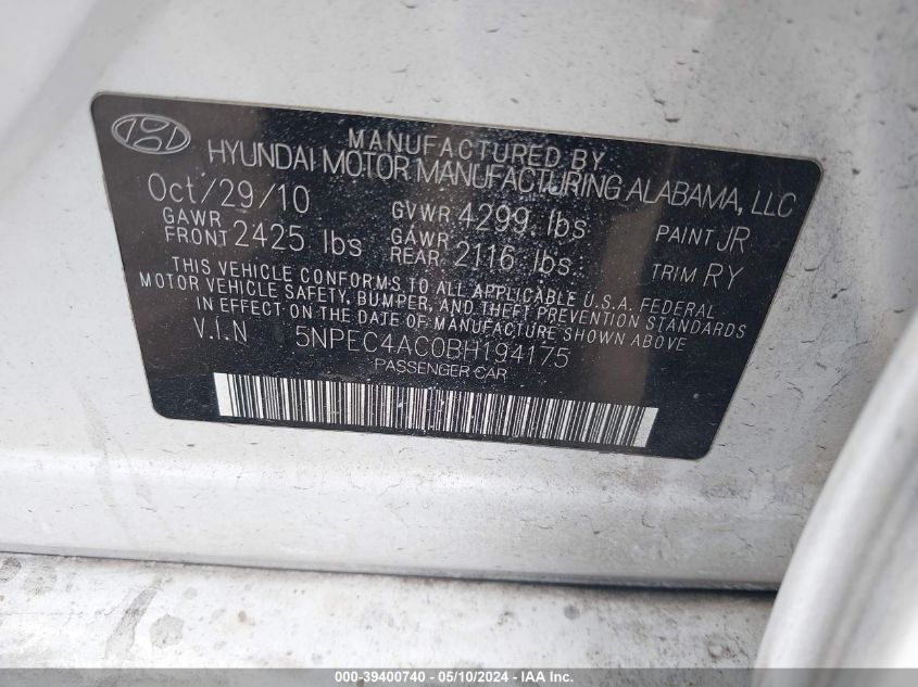 5NPEC4AC0BH194175 2011 Hyundai Sonata Se