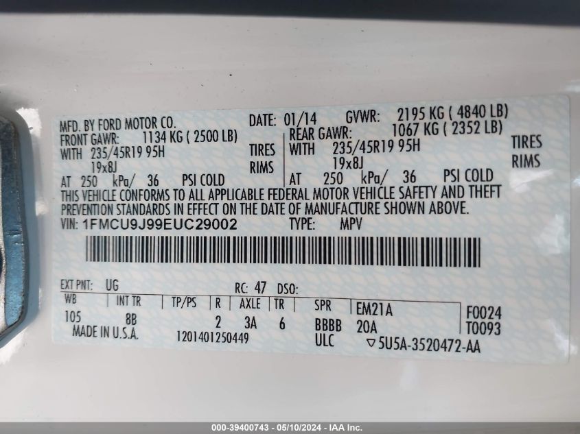 2014 Ford Escape Titanium VIN: 1FMCU9J99EUC29002 Lot: 39400743