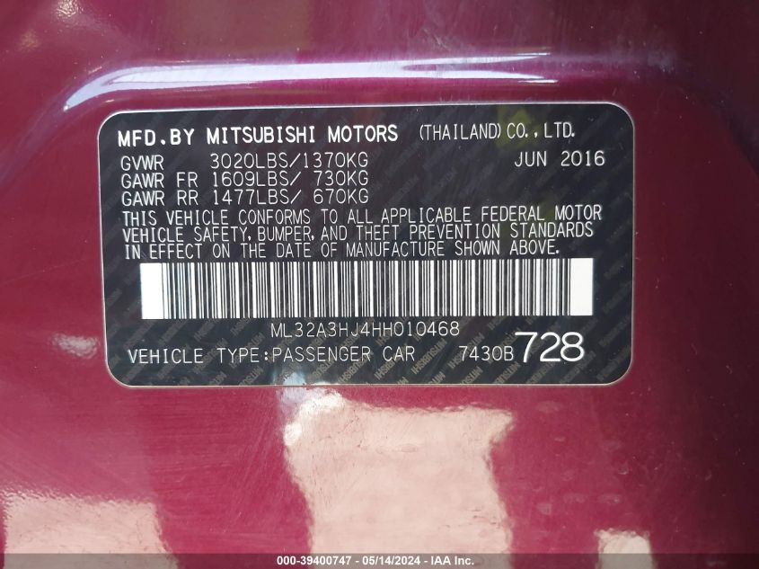 2017 Mitsubishi Mirage Es VIN: ML32A3HJ4HH010468 Lot: 39400747