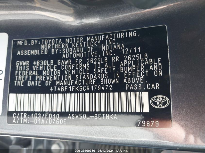 2012 Toyota Camry Le VIN: 4T4BF1FK6CR179472 Lot: 39400750