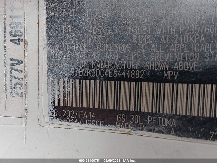 2014 Toyota Sienna L V6 7 Passenger VIN: 5TDZK3DC4ES444882 Lot: 39400751