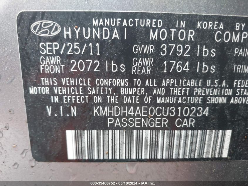 2012 Hyundai Elantra Limited (Ulsan Plant) VIN: KMHDH4AE0CU310234 Lot: 39400752