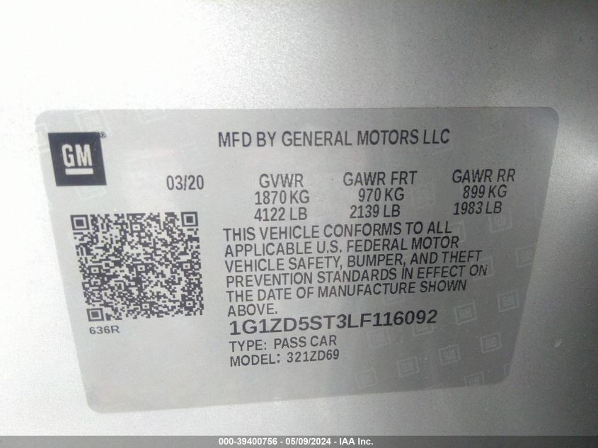 2020 Chevrolet Malibu Fwd Lt VIN: 1G1ZD5ST3LF116092 Lot: 39400756