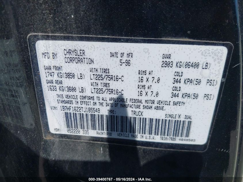 1996 Dodge Ram 1500 VIN: 1B7HF16Z2TJ185549 Lot: 39400767