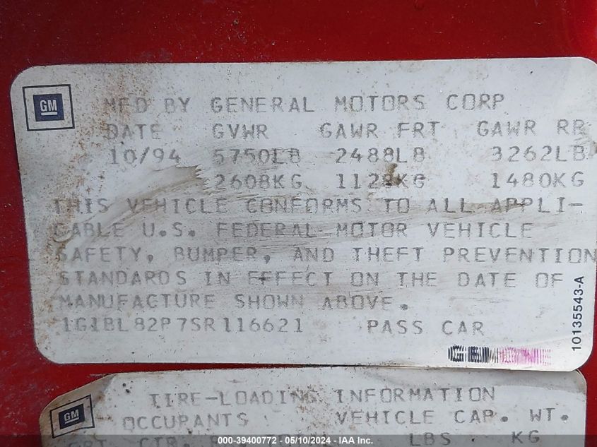 1995 Chevrolet Caprice Classic VIN: 1G1BL82P7SR116621 Lot: 39400772