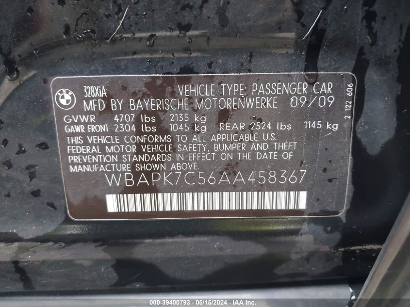 2010 BMW 328I xDrive VIN: WBAPK7C56AA458367 Lot: 39400793