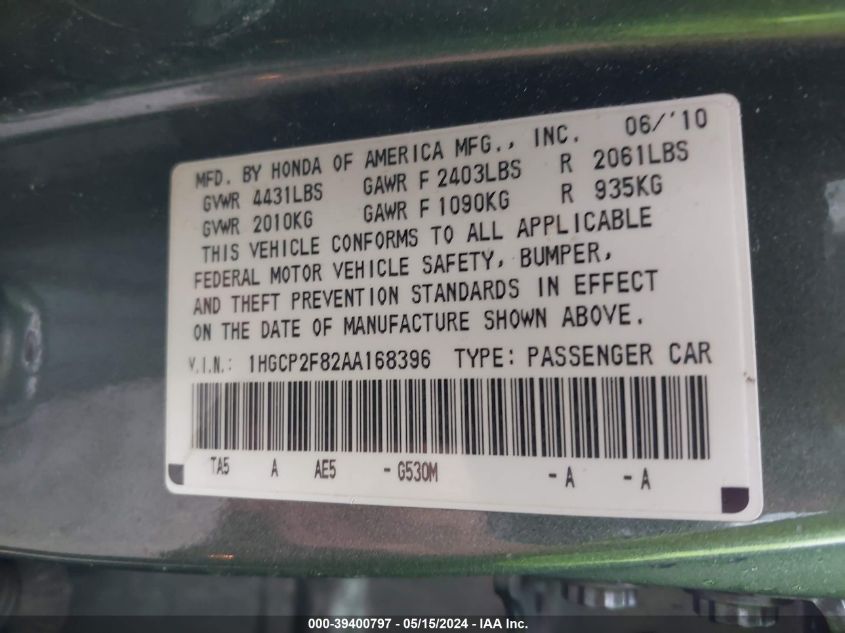 2010 Honda Accord 2.4 Ex-L VIN: 1HGCP2F82AA168396 Lot: 39400797