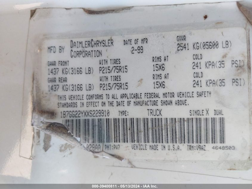 1999 Dodge Dakota Slt/Sport VIN: 1B7GG22YXXS229910 Lot: 39400811