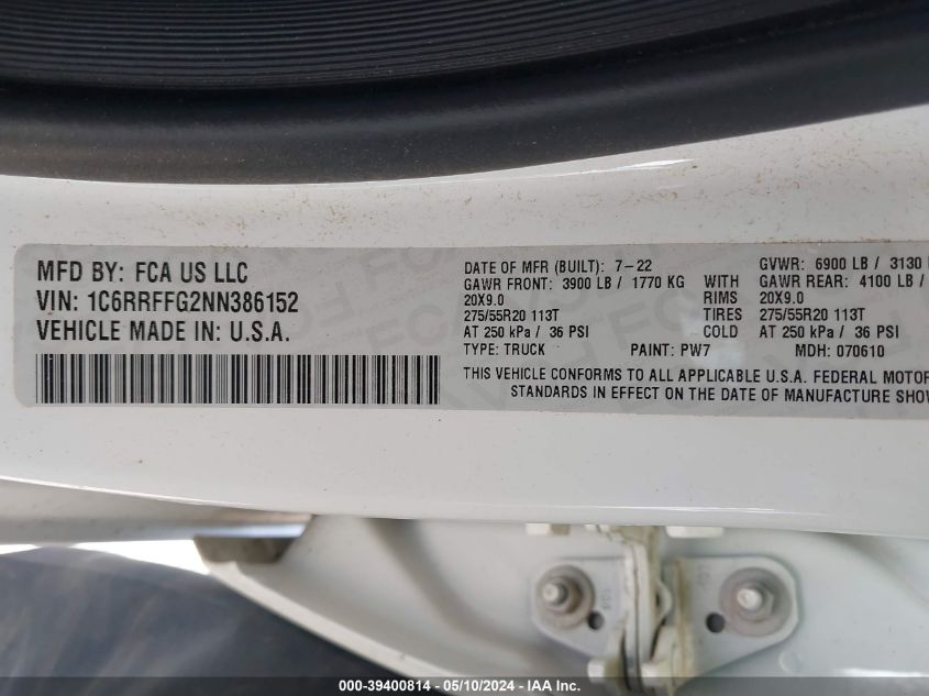 2022 Ram 1500 Big Horn 4X4 5'7 Box VIN: 1C6RRFFG2NN386152 Lot: 39400814
