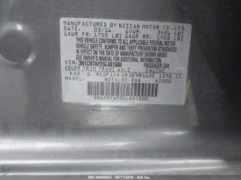 2016 Nissan Versa 1.6 S/1.6 S+/1.6 Sl/1.6 Sv VIN: 3N1CN7AP2GL881500 Lot: 39400822