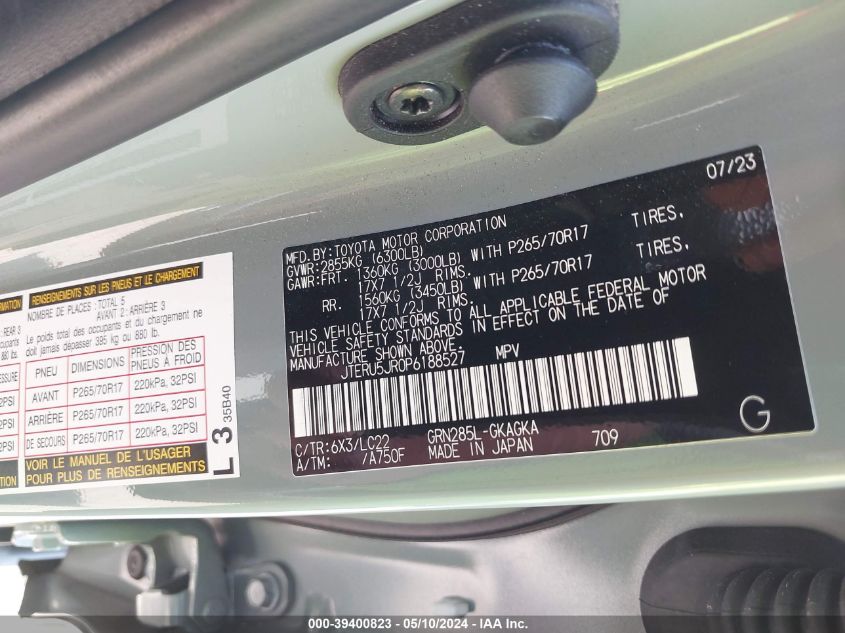 2023 Toyota 4Runner Trd Off Road Premium VIN: JTERU5JR0P6188527 Lot: 39400823