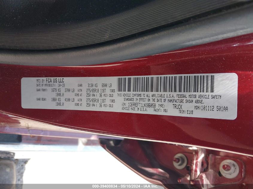 2020 Ram 1500 Lone Star 4X2 5'7 Box VIN: 1C6RREFT1LN186058 Lot: 39400834