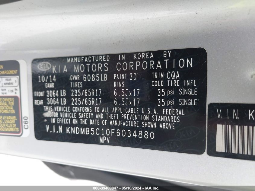 2015 Kia Sedona Lx VIN: KNDMB5C10F6034880 Lot: 39400847