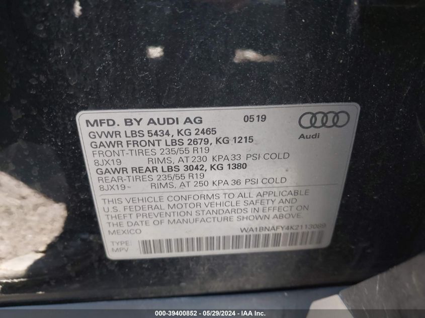 2019 Audi Q5 45 Premium VIN: WA1BNAFY4K2113089 Lot: 39400852