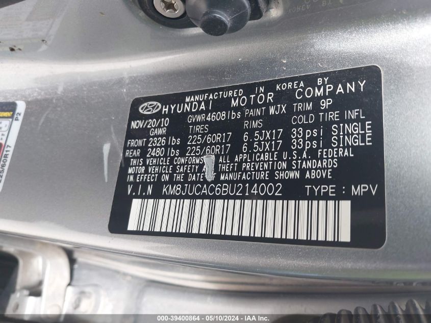 2011 Hyundai Tucson Gls VIN: KM8JUCAC6BU214002 Lot: 39400864