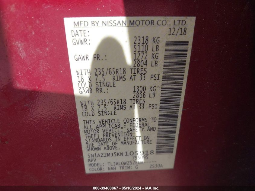 2019 NISSAN MURANO SV - 5N1AZ2MJ5KN105918