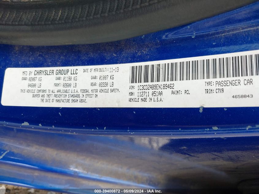 2014 Dodge Avenger Se VIN: 1C3CDZAB9EN189462 Lot: 39400872