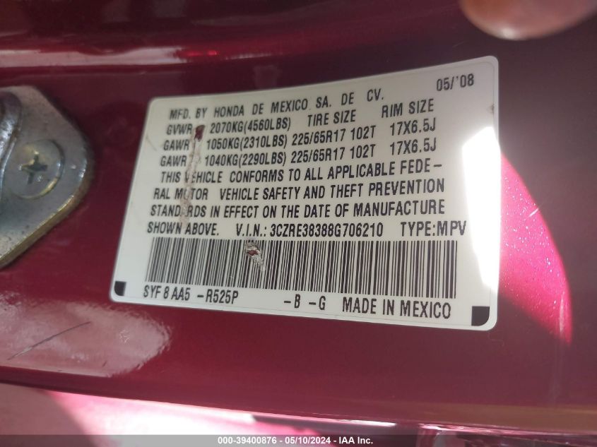 2008 Honda Cr-V Lx VIN: 3CZRE38388G706210 Lot: 39400876