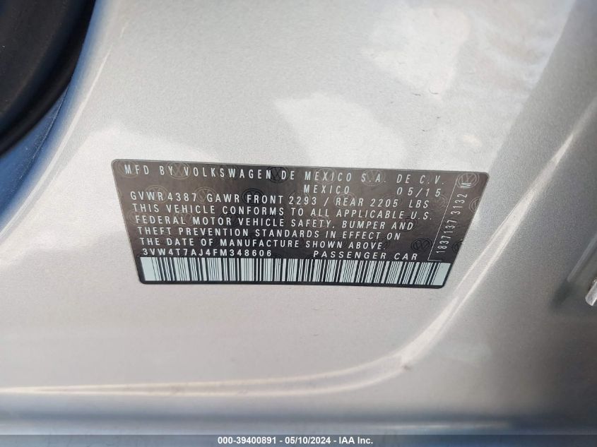 2015 Volkswagen Jetta 2.0T Gli Sel VIN: 3VW4T7AJ4FM348606 Lot: 39400891