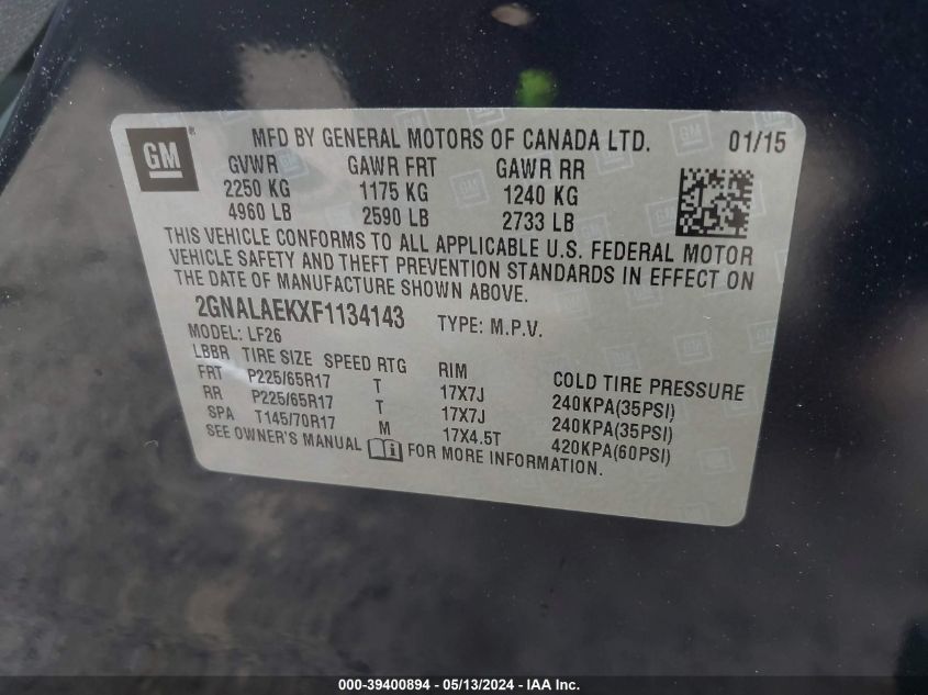 2015 Chevrolet Equinox Ls VIN: 2GNALAEKXF1134143 Lot: 39400894