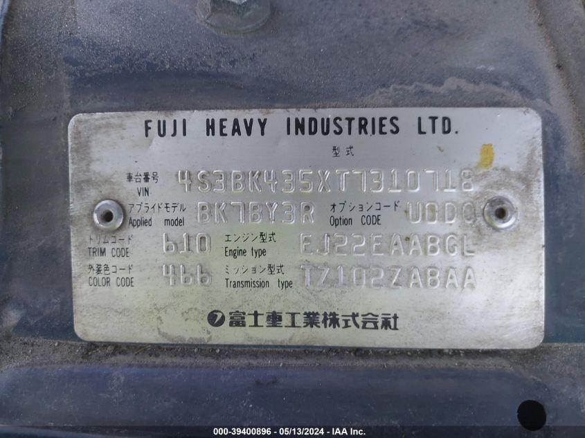 1996 Subaru Legacy L VIN: 4S3BK435XT7310718 Lot: 39400896