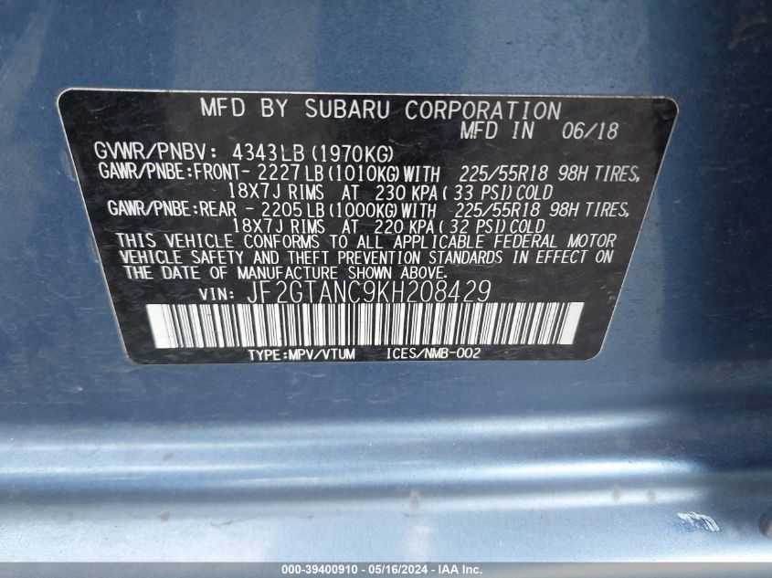 2019 SUBARU CROSSTREK LIMITED - JF2GTANC9KH208429