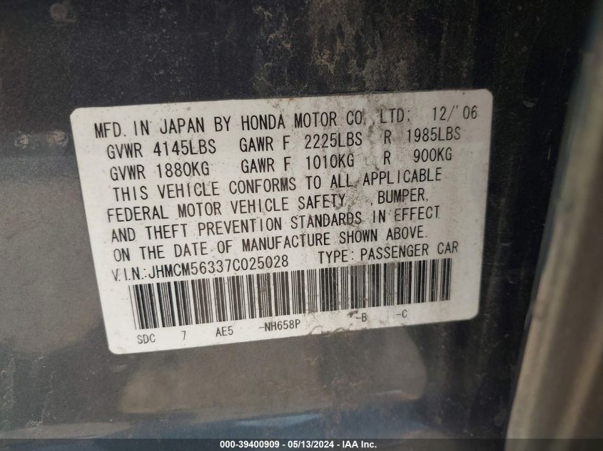 2007 Honda Accord 2.4 Se VIN: JHMCM56337C025028 Lot: 39400909