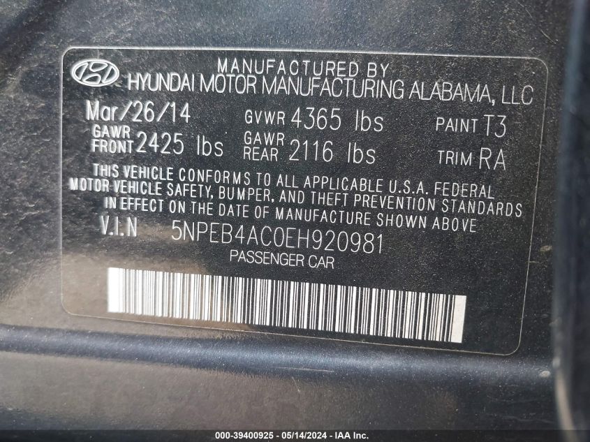 2014 HYUNDAI SONATA GLS - 5NPEB4AC0EH920981